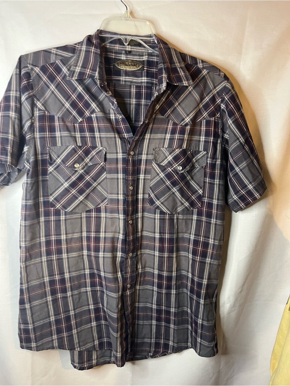 Men's Gray Plaid Short-Sleeve Button-Down Shirt by No Brand Listed pearl snaps